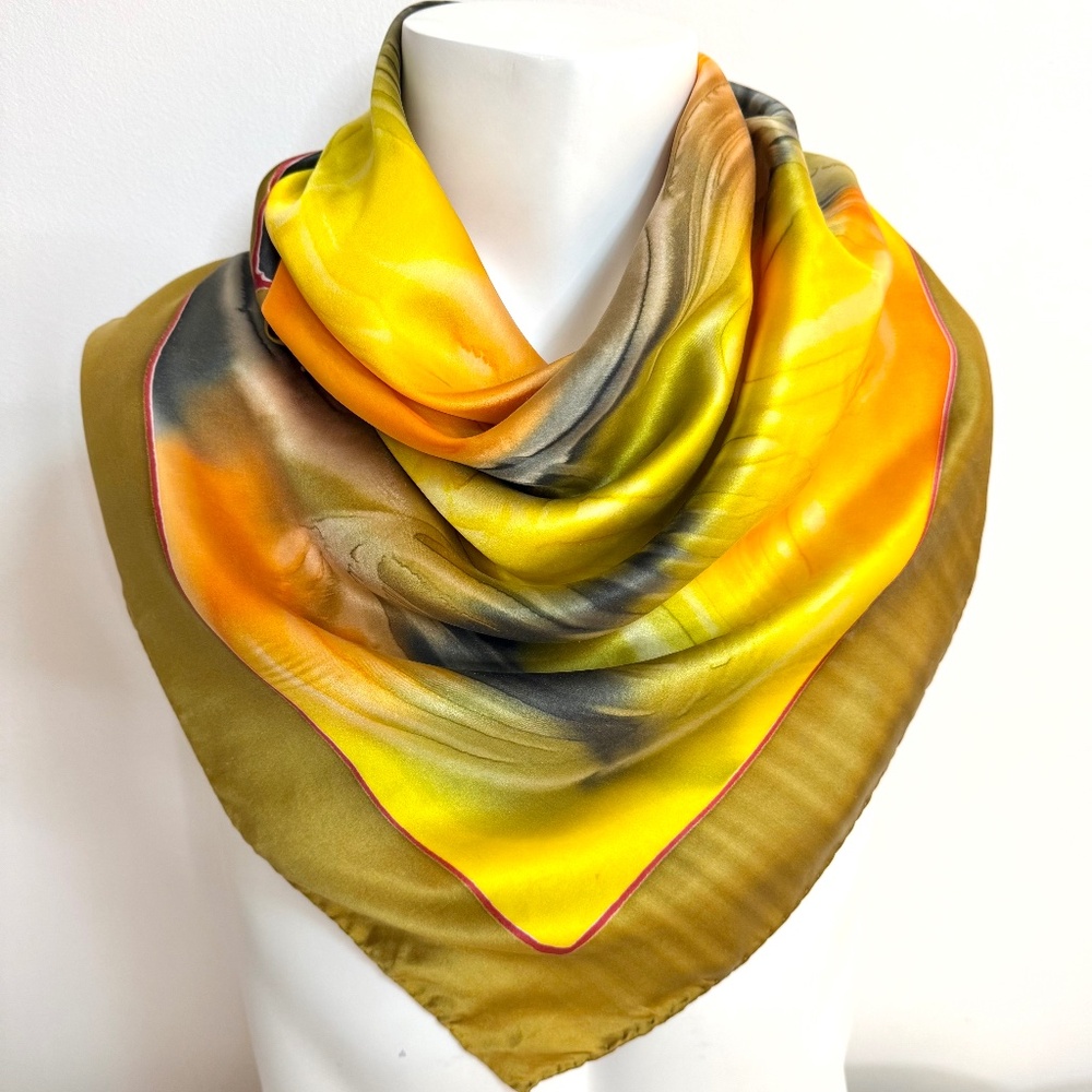 Vintage BYL 🇯🇵 100% Silk Abstract Brushstroke Scarf – 35" Square – Hand Rolled